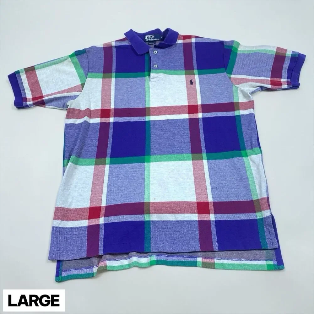 Vintage 90s Ralph Lauren Polo Mens LG Plaid Classic Preppy Short Sleeve USA Blue
